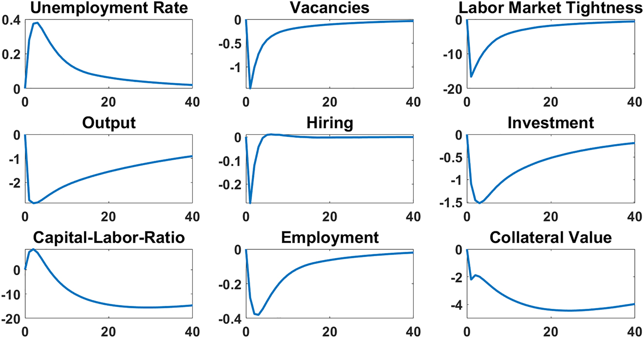 Figure 6: 
Impulse response functions: negative technology shock.
The scale represents percentage deviations from the steady state. The size of the technology shock is one standard deviation.
