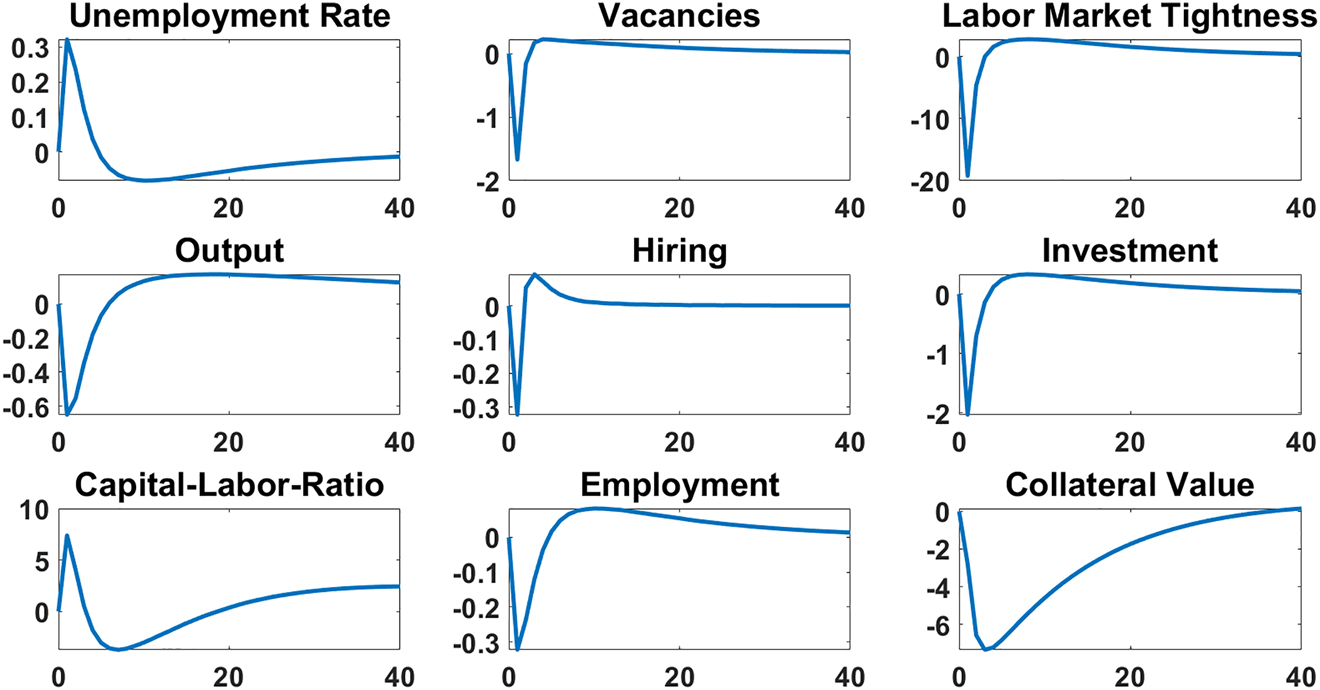 Figure 7: 
Impulse response functions: negative credit shock.
The scale represents percentage deviations from the steady state. The size of the credit shock is one standard deviation.
