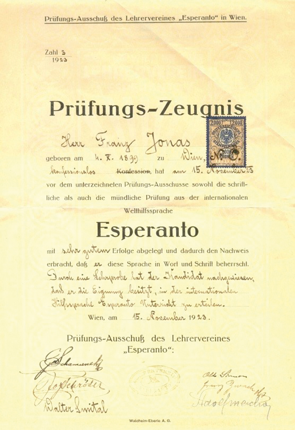 Abb. 2: Prüfungszeugnis von Franz Jonas für die Lehrbefähigung in Esperanto, 1923