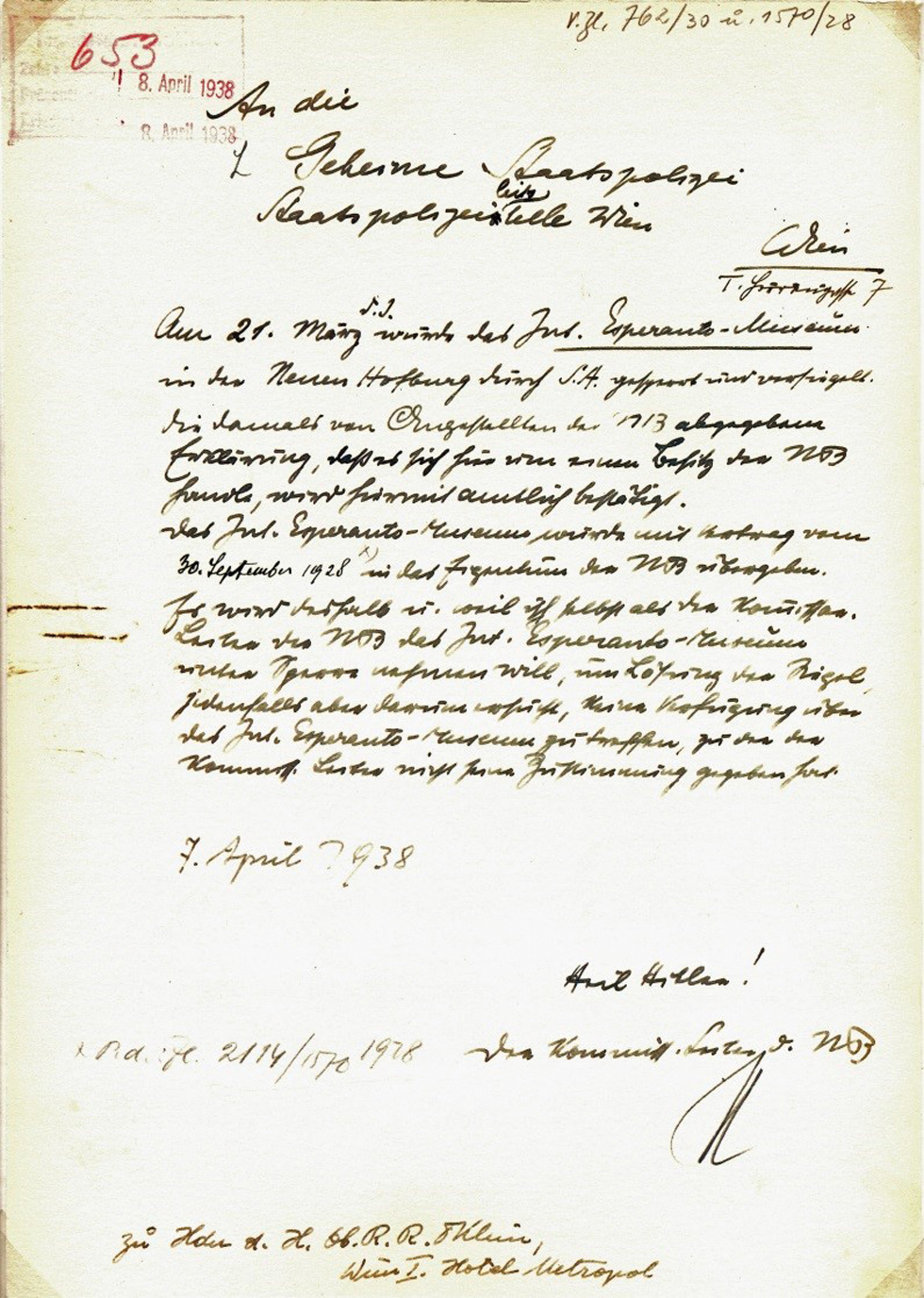 Abb. 6: Brief von Paul Heigl an die Gestapo, Wien 1938