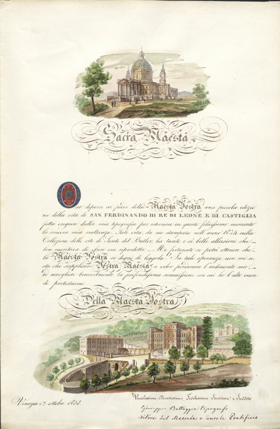 Abb. 5: Widmungsbrief des Typografen Guiseppe Battaggia an Seine Majestät datiert mit Okt. 1838 aus der ferdinandeischen Reihe *4458 mit Aquarellen versehen. Signatur: 286.492-D