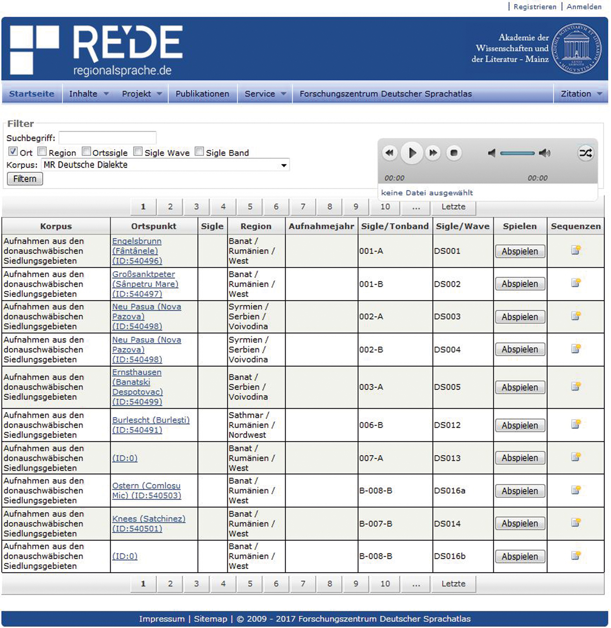Abb. 2 Trefferliste mit Filterauswahl „Deutsche Dialekte“ auf dem Portal regionalsprache.de