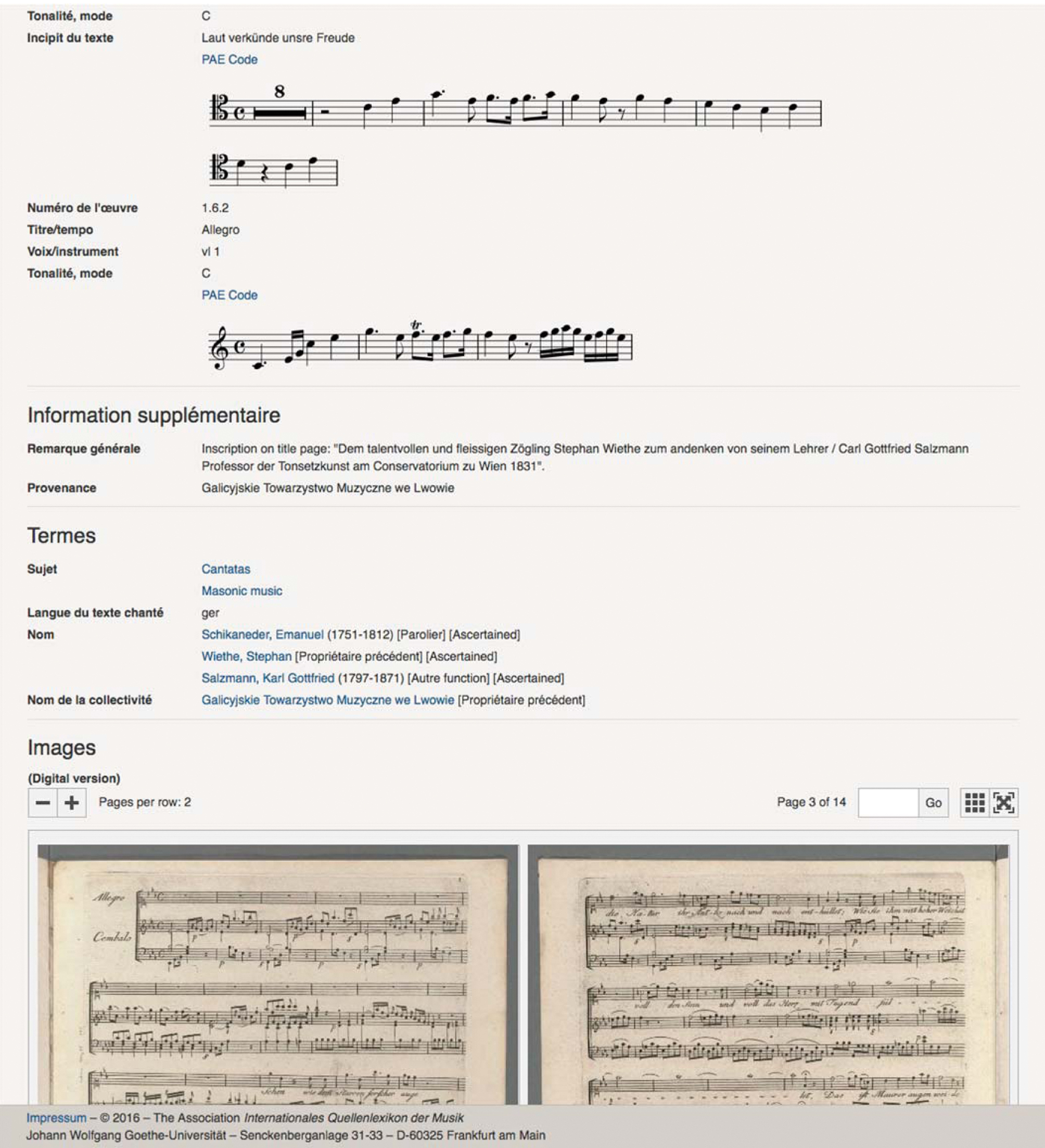 Abb. 4 Eine Quellenbeschreibung in Muscat mit Incipit-Rendering und Inline-Bilddarstellung durch Diva.js und IIIF