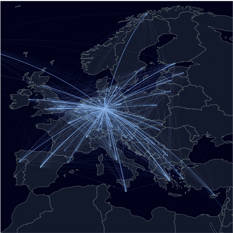 Fig. 2 European part of the international network of formal partnerships with academic institutions currently operated by the SUB (visualization provided by Najko Jahn)