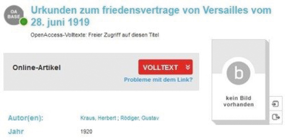 Abb. 1 
            Kataloganzeige eines BASE-Datensatzes, der auf ein Hathitrust-Digitalisat verweist
          