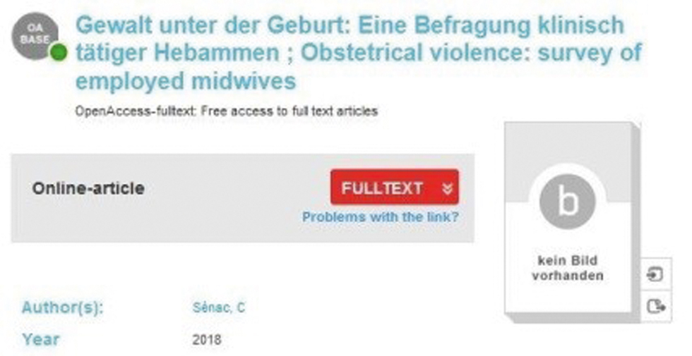 Abb. 3 
            Kataloganzeige eines BASE-Datensatzes, der keinen Volltext nachweist
          