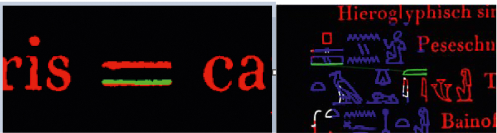 Abb. 8 
          Als Unterstreichungen erkannte Linien (jeweils grün), die nicht mit der ersten Regel verworfen wurden, da sich dicht oberhalb der Linien schwarze Pixel befinden.
        