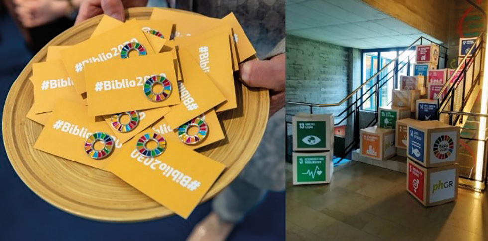 Abb. 10 
          Öffentlichkeitswirksame Materialien zur Verbreitung der SDGs durch BibliothekenQuelle: https://www.biblio2030.de/materialien/.
        