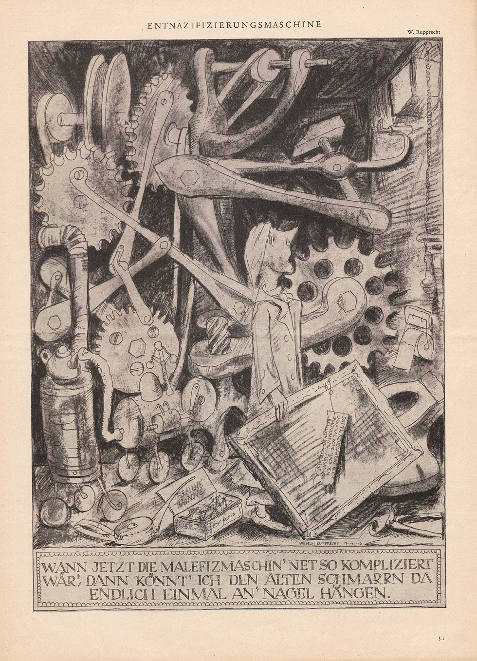 Abb. 1: „Entnazifizierungsmaschine“ von Wilhelm Rupprecht (1886–1963). Aus: Der Simpl (1946) 1 (5), 51. (Universitätsbibliothek Heidelberg, CC BY-SA 3.0 DE)