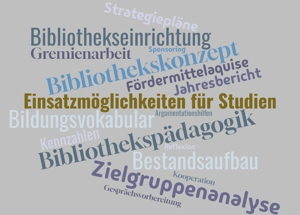 Abb. 2: Wortwolke aus dem Webinar „PISA, IGLU, IQB und Co“ der Büchereizentrale Schleswig-Holstein Januar 2024 zur Frage, wo die Teilnehmenden Einsatzmöglichkeiten für Studien in ihrer Arbeit sehen