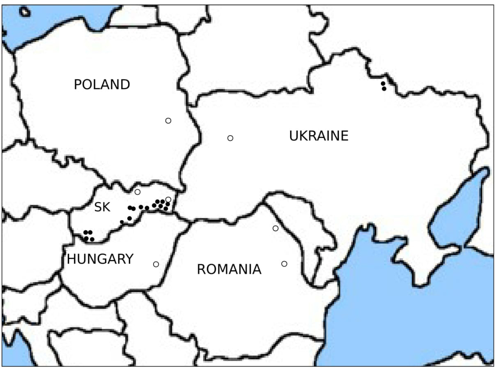 Figure 1 Geographical origin of Echinococcus granulosus sensu lato isolates examined in this study. Full circles indicate pig isolates, empty circles human isolates. SK, abbreviation for Slovakia.