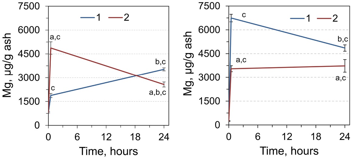 Figure 4 Magnesium content in RCM (left) and liver (right) of rats 0, 0.5, and 24 h after injection by single (1) and double dose (2) of adrenaline. aSignificantly different from the corresponding value for animals that received single adrenaline injection (p< 0.05, Student’s t-test, n = 7), bsignificantly different from the value for the animals sampled 0.5 hours after adrenaline injection, csignificantly different from the values of the control group (time point 0).