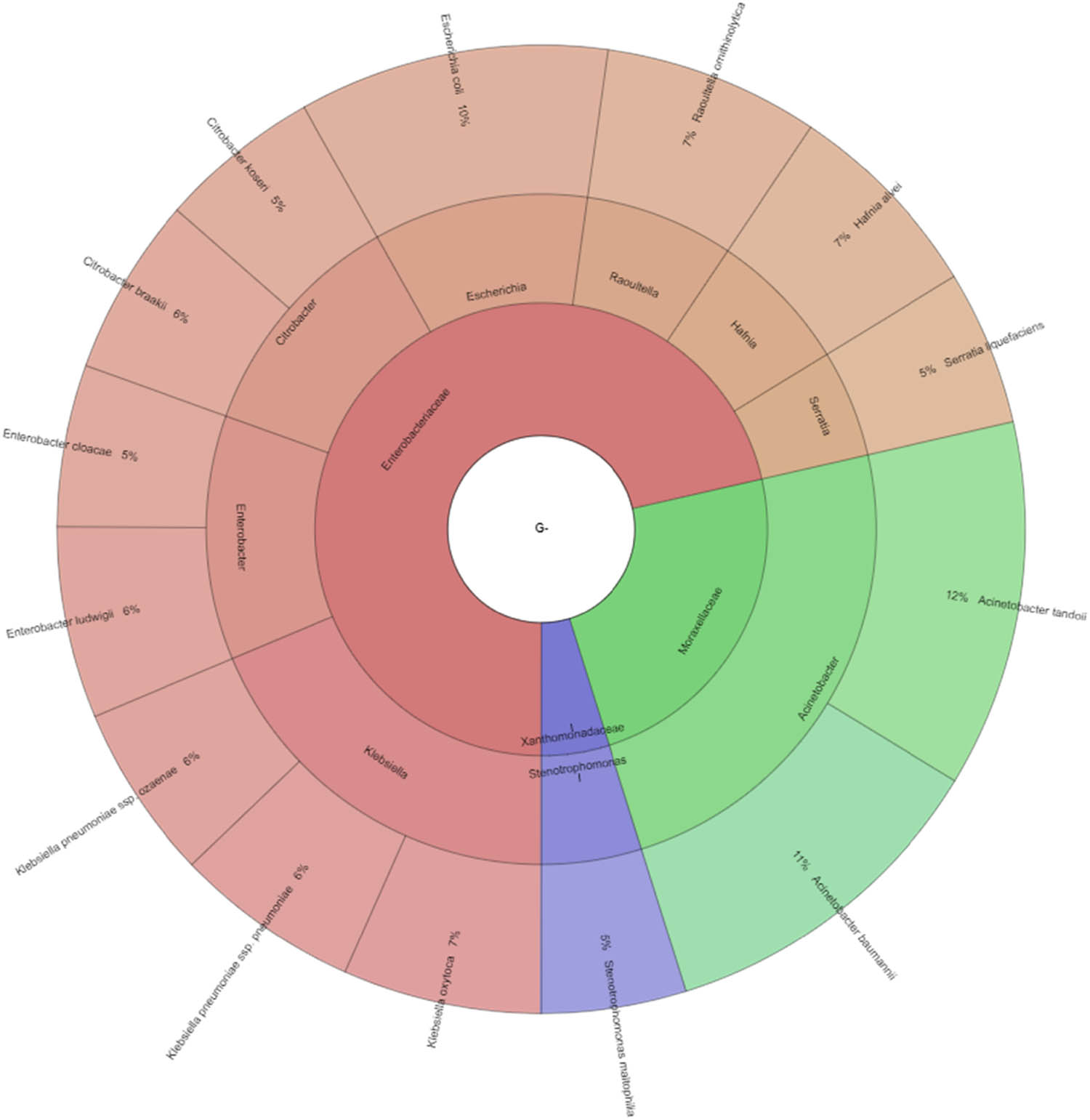 Figure 2
Diversity of Gram-negative bacteria isolated from ewes’ cheese “Bryndza” (outermost ring: species, middle ring: genus, innermost ring: family).