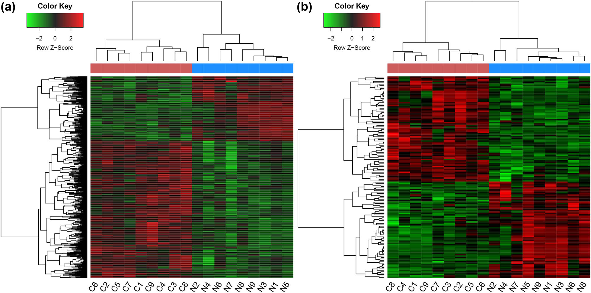 Figure 1 
                  Heat maps of DEGs (a) and DE-lncRNA (b) in LSCC. X-axis shows the samples, and the Y-axis shows the DEGs or DE-lncRNA. DEGs: differentially expressed genes; DE-lncRNAs: differentially expressed lncRNAs; LSCC: laryngeal squamous cell carcinoma.
               