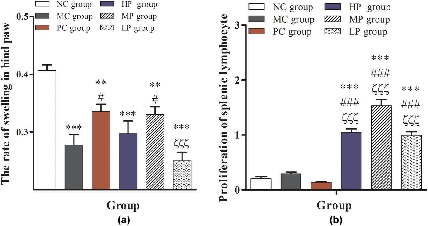 Figure 3
Effects of DESP on delayed allergic reaction and the splenic lymphocyte transformation ability in immunocompromised mice: (a) the rate of swelling in hind paw and (b) proliferation of splenic lymphocyte. Compared with the NC group, *
P < 0.05, **
P < 0.01, and ***
P < 0.001; compared with the MC group, #
P < 0.05, ##
P < 0.01, and ###
P < 0.001; compared with the PC group, ζ
P < 0.05, ζζ
P < 0.01, and ζζζ
P < 0.001.