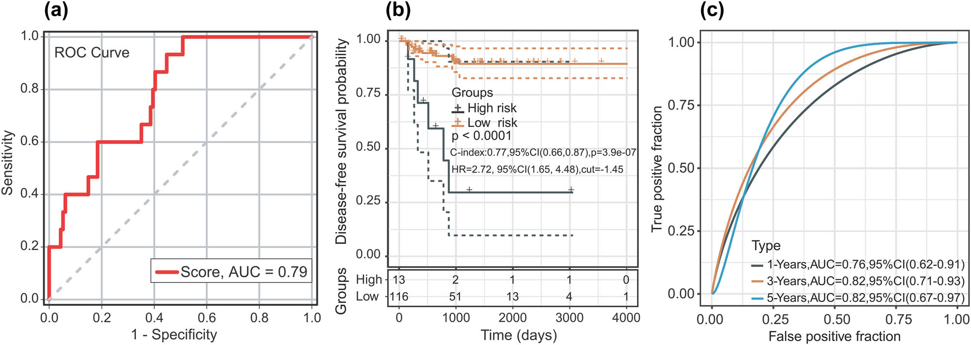 Figure 3 
                  (a) ROC curve of sample for male TC patients. (b) Kaplan–Meier curve after optimal cut-off value; 13 patients were placed into the high-risk group and 116 patients were placed in the low-risk group (optimal cut-off value = −1.45). (c) The AUC curve of the research subject for 1, 3, and 5 years.
               