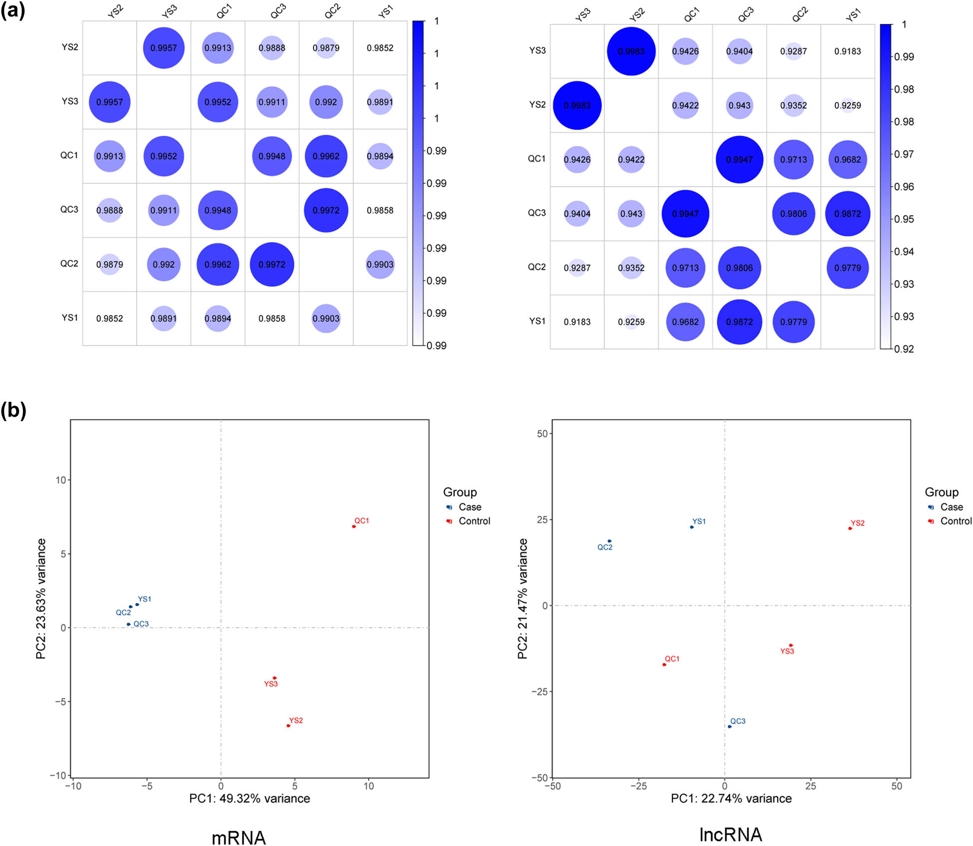 Figure 2 
                  (a) Sample correlation heatmaps based on the expressive abundance of mRNA and lncRNA and (b) PCA maps for mRNA and lncRNA.
               