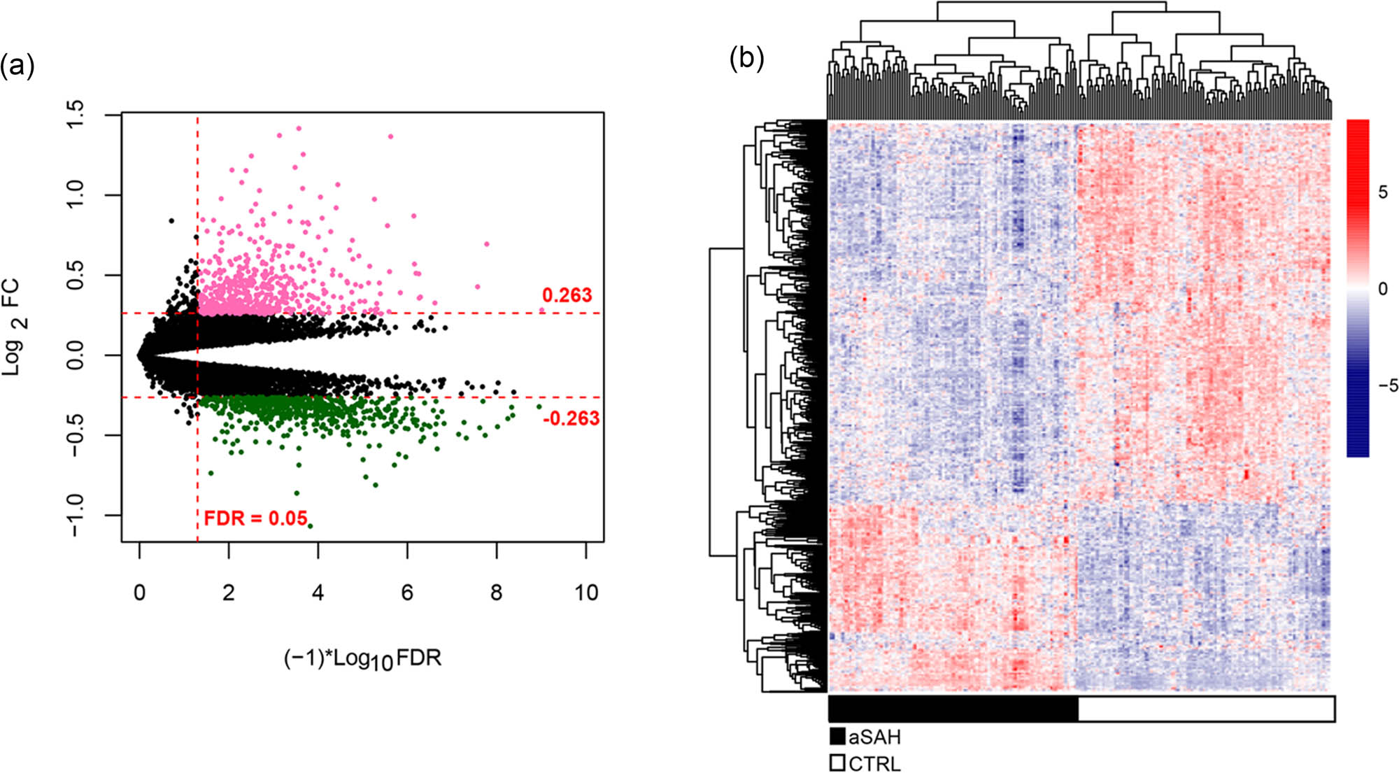 Figure 2 
                  Differentially expressed RNAs analysis. (a) Volcano plot of DERs identified using the edgeR package. Red and green points indicated upregulated and downregulated DERs, respectively (|log2 FC| > 0.263), FC: fold change. (b) Pheatmap of DERs. Black and white color indicated the samples from patients with SAH and controls, respectively.
               