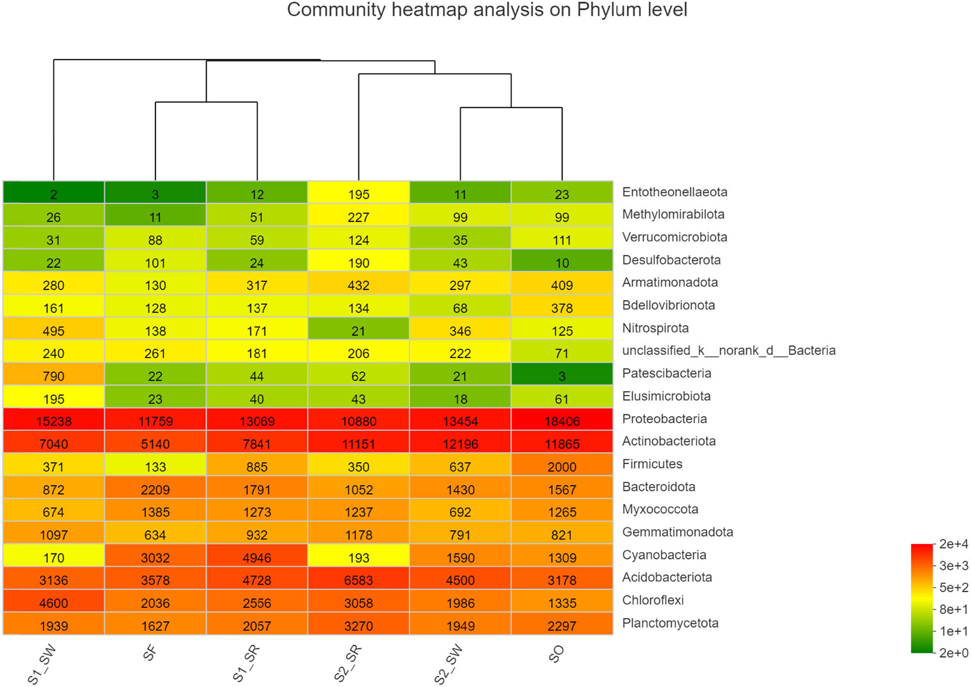 Figure 8
Heatmap of the relative abundance of bacteria community at phylum level in soil samples.