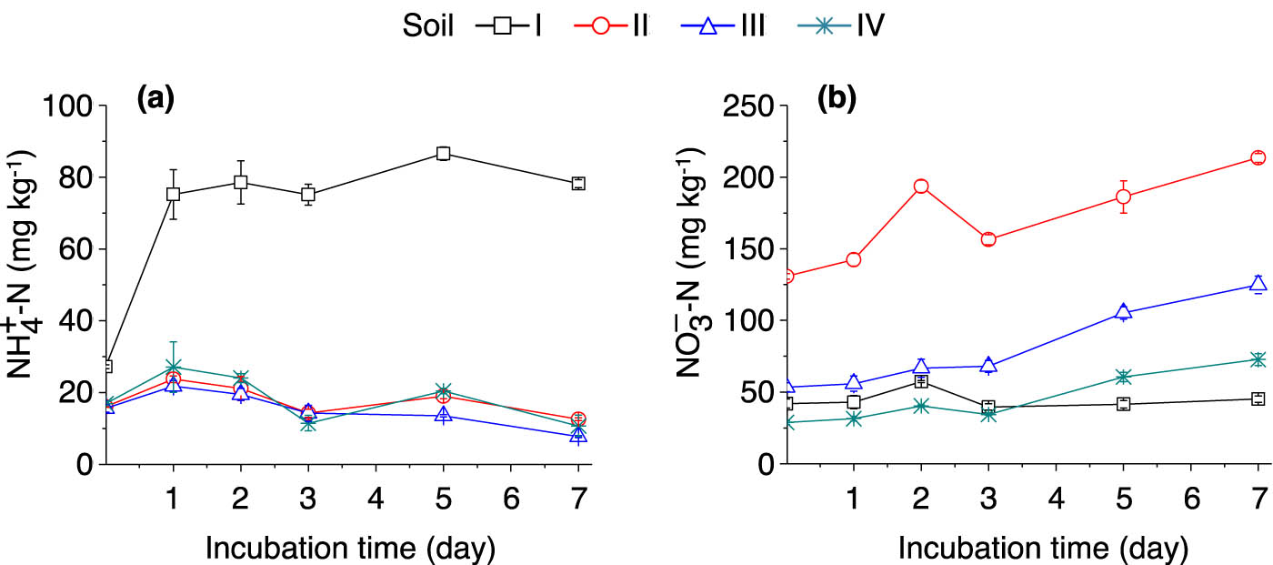 Figure 3 
                  Dynamics of soil 
                        
                           
                           
                              
                                 
                                    NH
                                 
                                 
                                    4
                                 
                                 
                                    +
                                 
                              
                              −
                              N
                           
                           {\text{NH}}_{4}^{+}-\text{N}
                        
                      (a) and 
                        
                           
                           
                              
                                 
                                    NO
                                 
                                 
                                    3
                                 
                                 
                                    –
                                 
                              
                              –
                              N
                           
                           {\text{NO}}_{3}^{\mbox{--}}\text{&#x2013;}\text{N}
                        
                      (b) content after adding (15NH4)2SO4. The error bars represent SEM. n = 3 replicates. For soil information, see Table 1.
               