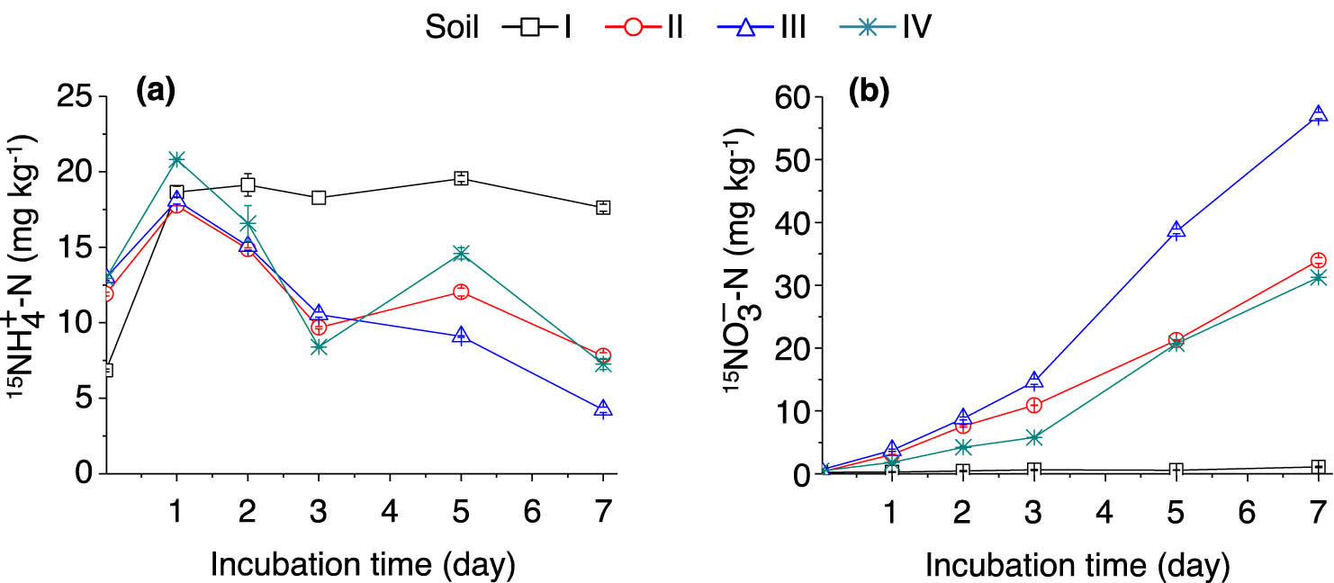 Figure 4 
                  Dynamics of soil 
                        
                           
                           
                              
                                 N
                                 
                                 
                                 
                                 
                                 
                                    15
                                 
                              
                              
                                 
                                    H
                                 
                                 
                                    4
                                 
                                 
                                    +
                                 
                              
                              −
                              N
                           
                           {}^{15}\text{N}{\text{H}}_{4}^{+}-\text{N}
                        
                      (a) and 
                        
                           
                           
                              
                                 N
                                 
                                 
                                 
                                 
                                 
                                    15
                                 
                              
                              
                                 
                                    O
                                 
                                 
                                    3
                                 
                                 
                                    –
                                 
                              
                              –
                              N
                           
                           {}^{15}\text{N}{\text{O}}_{3}^{\mbox{--}}\text{&#x2013;}\text{N}
                        
                      (b) content after adding of (15NH4)2SO4. The error bars represent SEM. n = 3 replicates. For soil information, see Table 1.
               