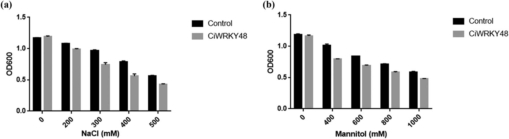Figure 7
The growth status of the expression strains under salt and mannitol treatments. (a) Indicates treatment under different concentrations of NaCl ; (b) indicates treatment under different concentrations of mannitol.