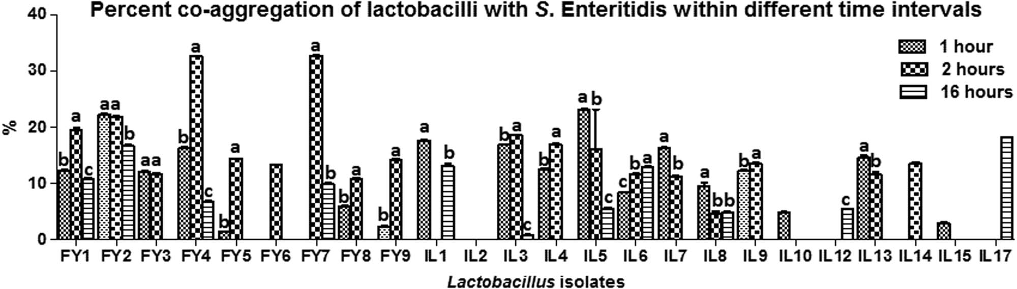 Figure 5
Co-aggregation of lactobacilli with Salmonella enteritidis within different time intervals.