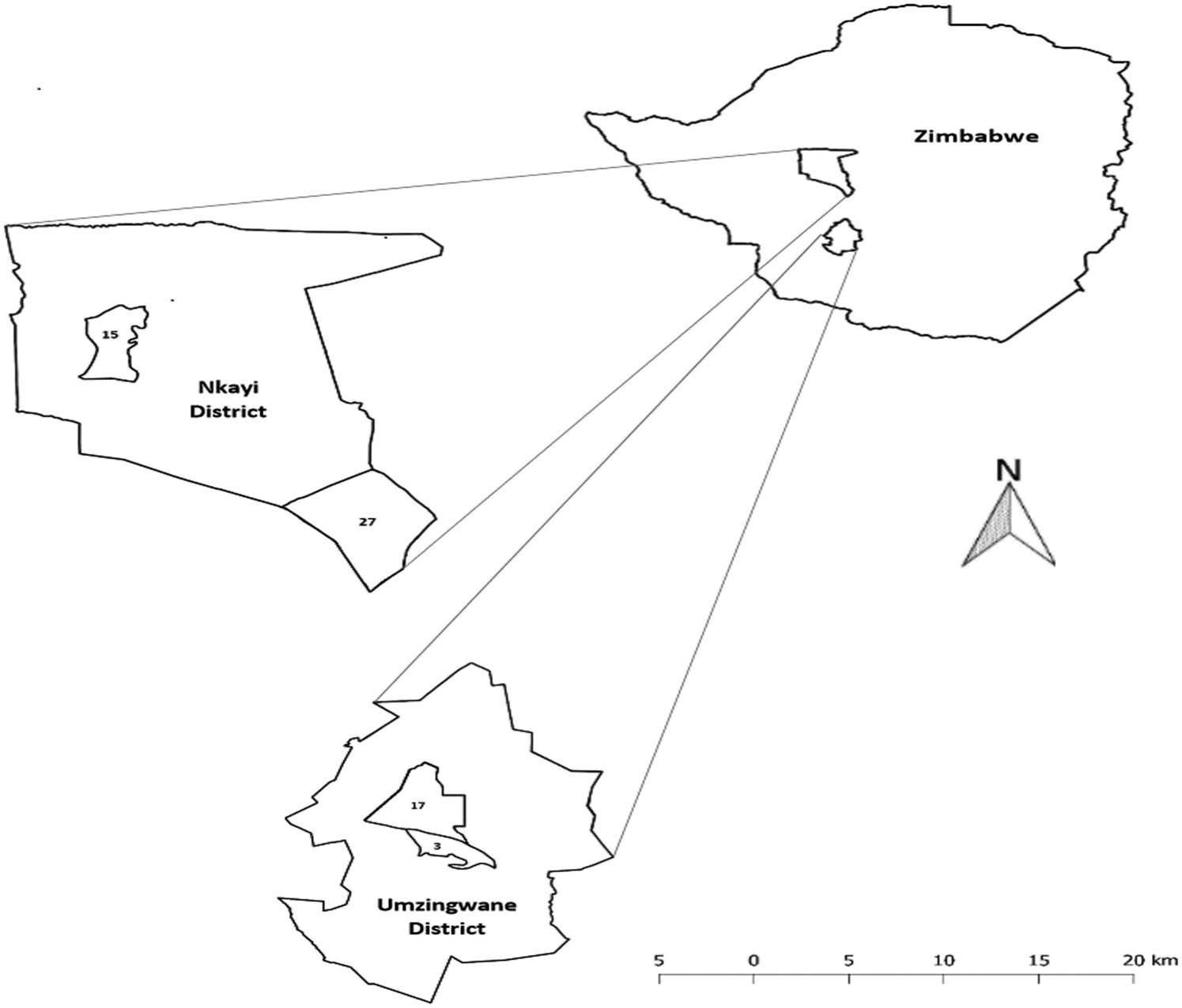 Figure 1 
               Location of Nkayi and Umzingwane Districts in south-western Zimbabwe. Notes: 15, 27, 3, and 17 represent Monki, Mathoba, Nhlekiyane, and Crocodile wards, respectively.
            
