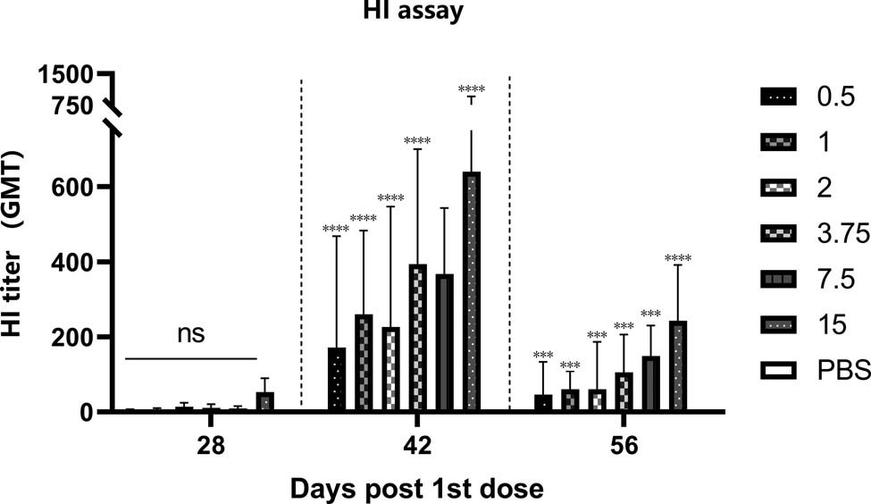 Figure 2
Mouse were boosted on day 28. The serum collected after vaccination was used in HI assay. There is no change in neutralization antibody after first dose. The antibody increased significantly 14 days after boost and decreased significantly 28 days after boost. Vaccine containing 15 μg HA induced highest GMT during the immunization.