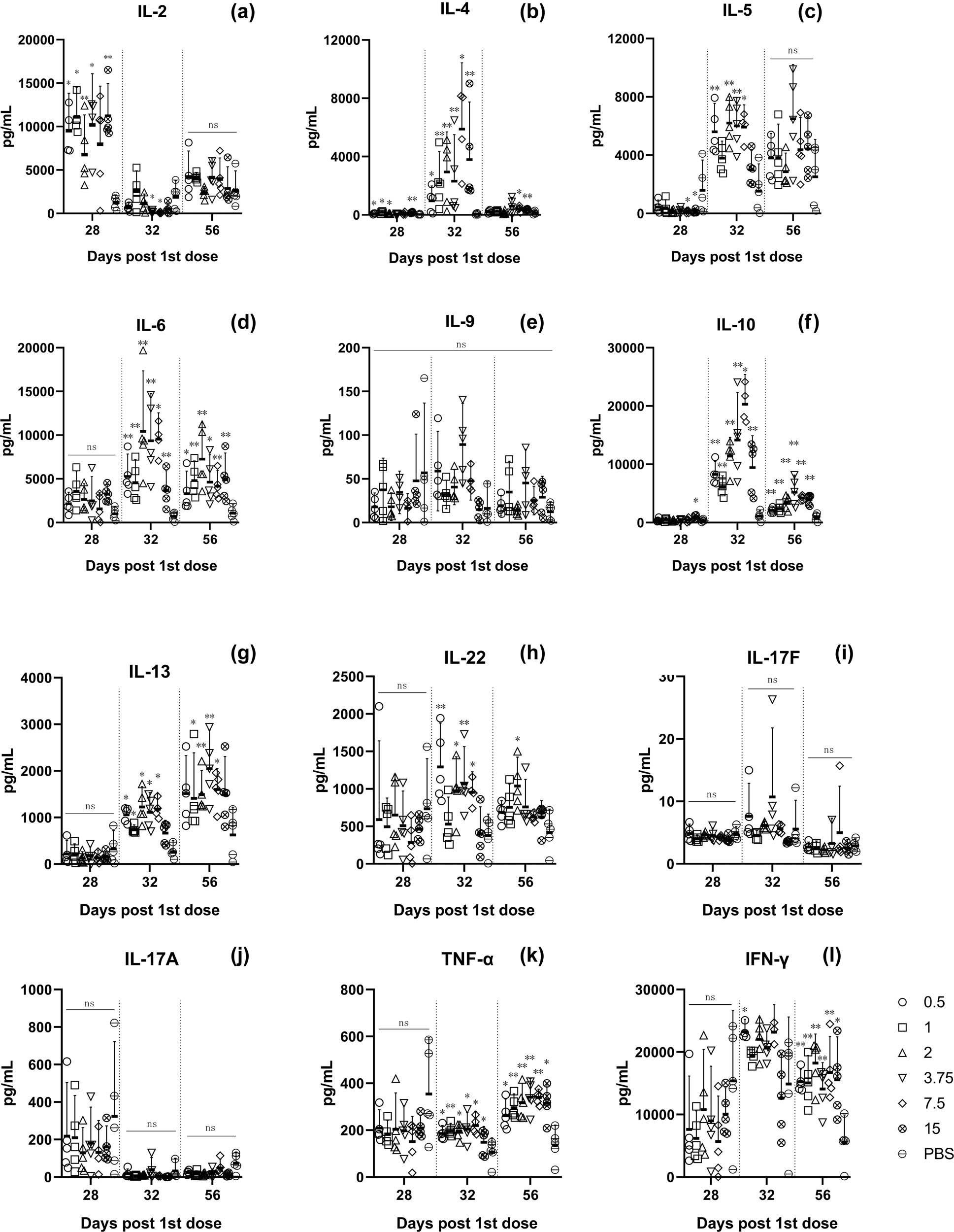 Figure 6
On day 28, IL-2 levels in all vaccine groups (except for 7.5 μg) were significantly higher than those in the placebo group. After booster administration, IL-2 levels in all vaccine groups began to decline on day 32, and there was no difference between the vaccine groups and the placebo group on day 56 (a). IL-4 levels increased significantly on day 32 and declined to the level of the placebo group on day 56, except for those in the 7.5 and 15 μg groups (b). IL-5 levels in the vaccine groups were not different from those in the placebo group on day 28; those in the 7.5 and 15 μg groups were even lower. On day 32, IL-5 levels in the 0.5, 2, 3.75, and 7.5 μg groups were significantly increased compared with those in the placebo group, and on day 56, IL-5 levels in all vaccine groups declined to the level of the placebo group (c). There was no difference in IL-6 levels between the vaccine groups and the placebo group on day 28, but there was a significant increase in IL-6 levels in all vaccine groups on day 32, except for the placebo group. IL-6 levels decreased in all groups on day 56 and were still higher than those in the placebo group (d). IL-9 levels did not change significantly during the immunization period except at a dose of 3.75 μg (e). On day 32, IL-10 levels were significantly increased in all vaccine groups. IL-10 levels decreased in all vaccine groups on day 56 and were still higher than those in the placebo group (f). IL-13 levels increased significantly on day 32 and continuously increased until day 56, but there was no difference between the 15 μg and placebo groups (g). Significant changes in IL-22 were observed at day 28, but gradually decreased with time delay to no significant changes in the placebo group (h). At day 28, there was no significant difference in each group, but IL-17A levels increased after booster administration (j). IL-17F levels did not change significantly during the entire immunization process (i). There was no significant difference in IFN-γ levels between the vaccine groups and the placebo group on day 32 (except for the 0.5 dose group). IFN-γ levels in each dose group were significantly higher than those in the placebo group on days 28 and 56 (l). TNF-α levels in the placebo group were significantly decreased on day 28 and remained stable until day 56, while TNF-α levels in all dose groups were significantly increased at day 56 (k).
