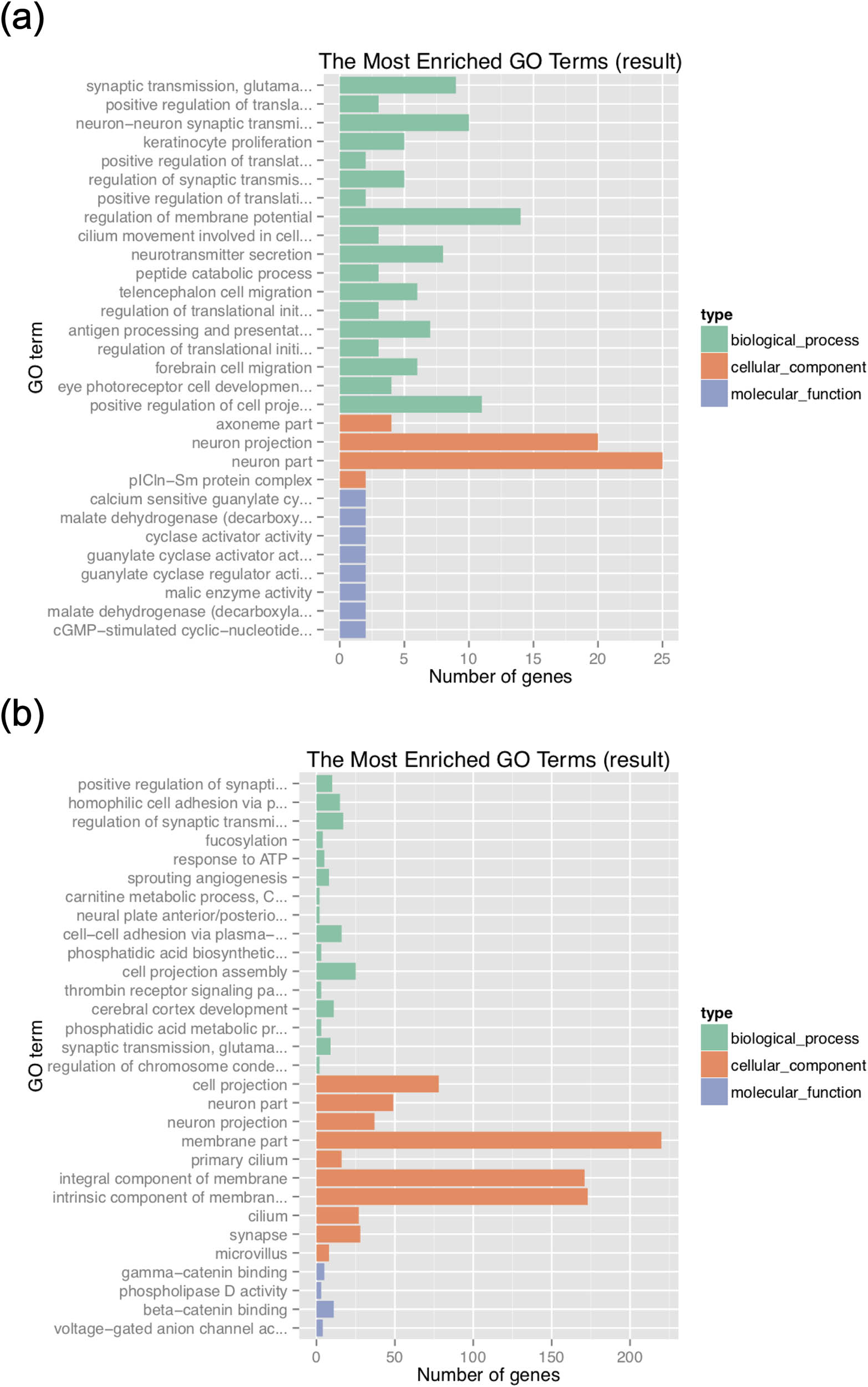 Figure 4
Function analysis based on GO: (a) the most enriched GO terms in Abaga horse and (b) the most enriched GO terms in Wushen horse.