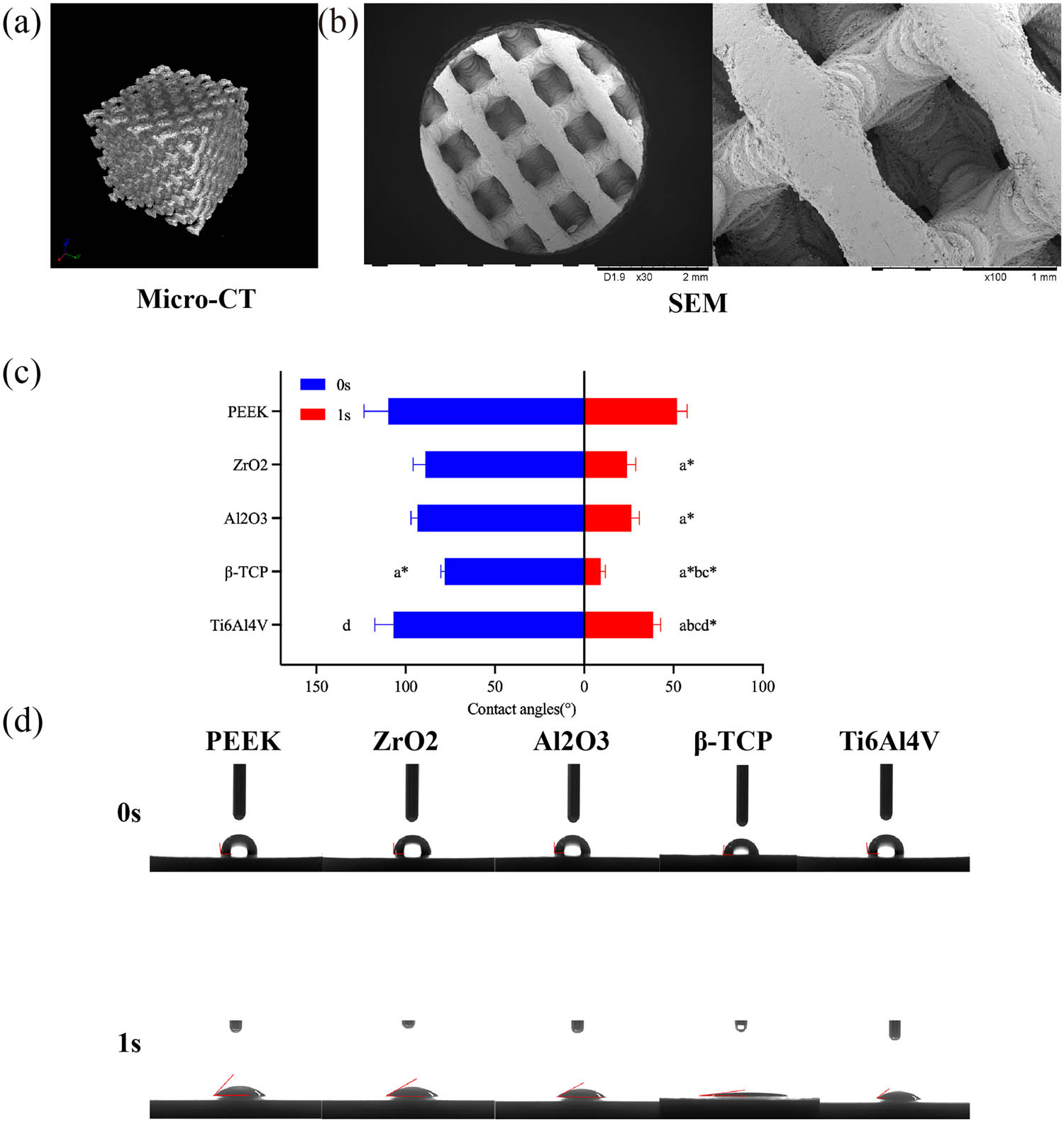 Figure 3
Characteristics of β-TCP scaffold and water contact angle measurement. (a) Micro-CT reconstructed model of β-TCP scaffold. (b) SEM observation of β-TCP scaffold. (c) Comparison of water contact angles of different material plates. (d) Water contact angle recorded and measured 0 and 1 s after contacting the material surface. P(a) < 0.05 and P(a
*
) < 0.01 compared with PEEK; P(b) < 0.05 compared with ZrO2; P(c) < 0.05 and P(c
*
) < 0.01 compared with Al2O3; P(d
*
) < 0.01 compared with β-TCP.