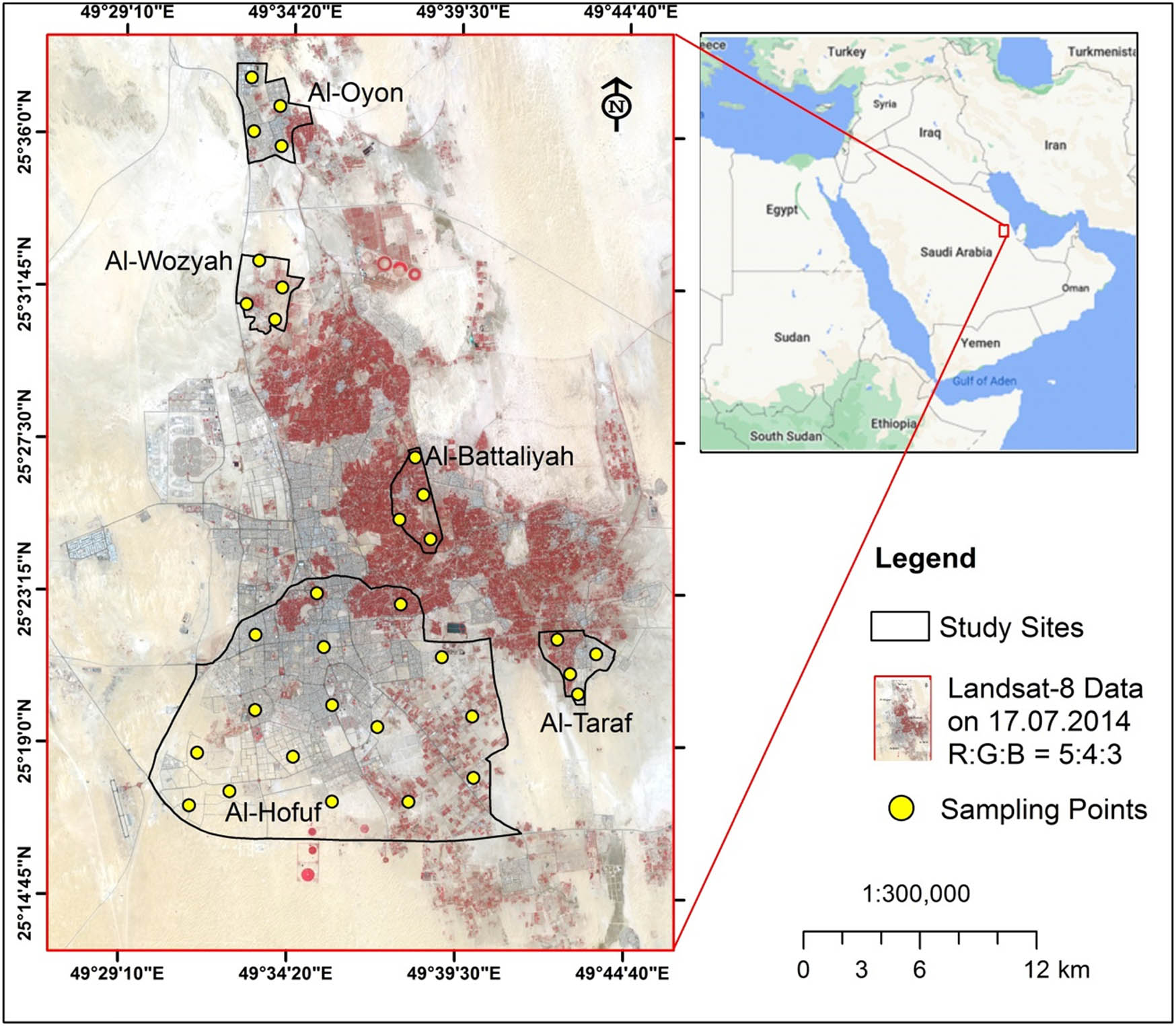 Figure 1 
                  Location of the study sites within Al-Ahsa Zone. The background of the study sites is a Landsat-8 image acquired on 17 July 2014.
               