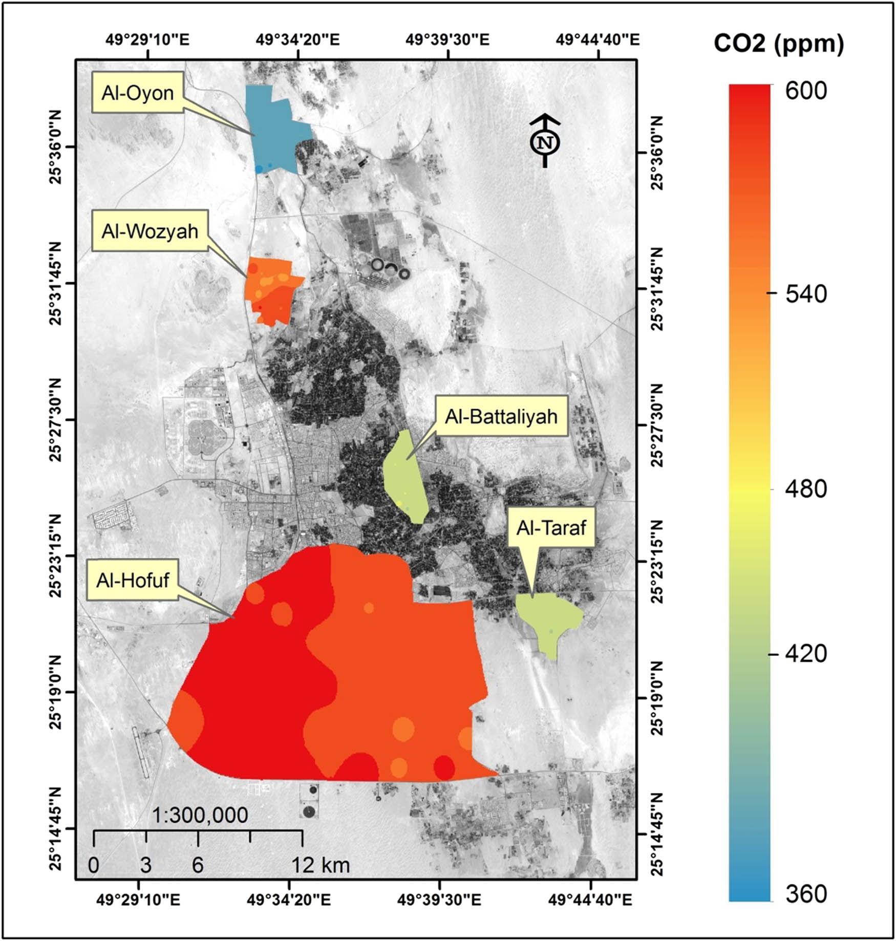 Figure 6 
                  The spatial distribution of CO2 levels over the study sites.
               