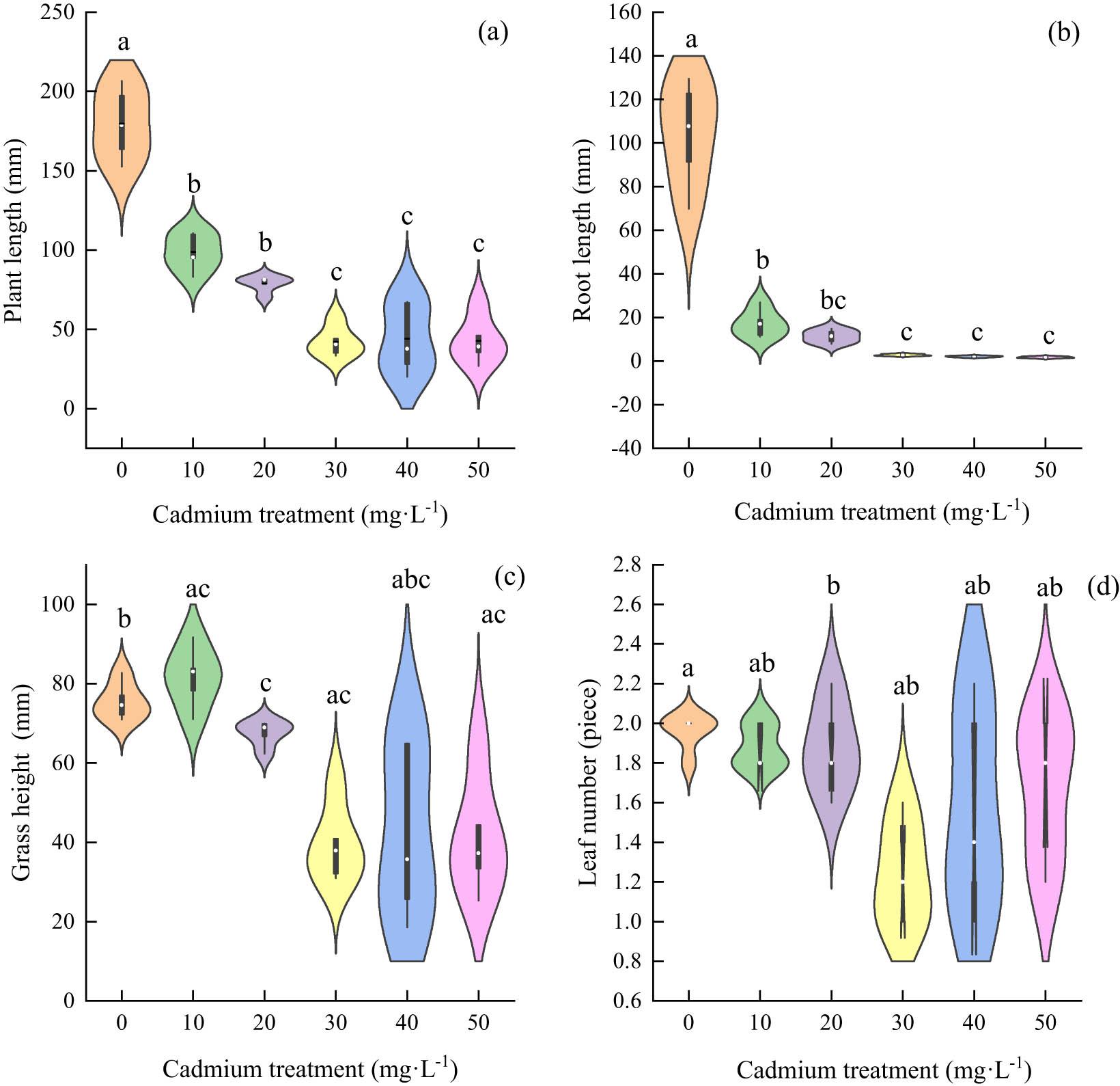 Figure 4 
                  The effect of cadmium stress on the growth of E. sinosubmuticus S.L. Chen: (a) total plant length of each treatment level, p < 0.05; (b) root length of each treatment level, p < 0.05; (c) lengths of stems and leaves of the plants in each treatment level, p < 0.05; and (d) number of leaves of the plants in each treatment level, p < 0.05.
               