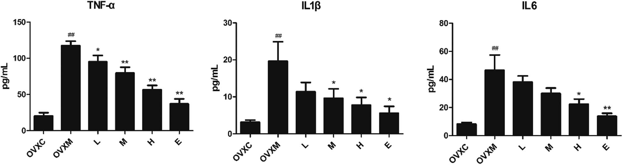 Figure 3
Soy isoflavone dose-dependently decreases the TNF-α, IL-1β, and IL-6 of BALF. The quantitative analysis of TNF-α, IL-1β, and IL-6 in BALF. The data represent mean ± SEM for groups of six rats (##
P < 0.01 vs OVXC group; *
P < 0.05, **
P < 0.01 vs OVXM group).