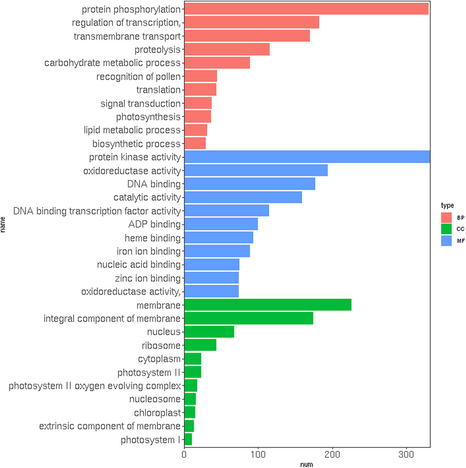 Figure 4 
                  Gene ontology distribution of upregulated DEGs in KClO3-induced floral buds. The top 10 enriched GO terms are shown in the y-axis and categorized into the BP, MF, and CC groups. The x-axis indicates the number of DEGs.
               