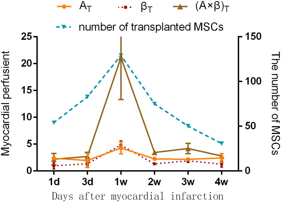 Figure 4 
                  The changing tendency of myocardial perfusion parameters of the SDF-1α-targeted contrast agent and the number of transplanted stem cells in the myocardium at six different time points.
               