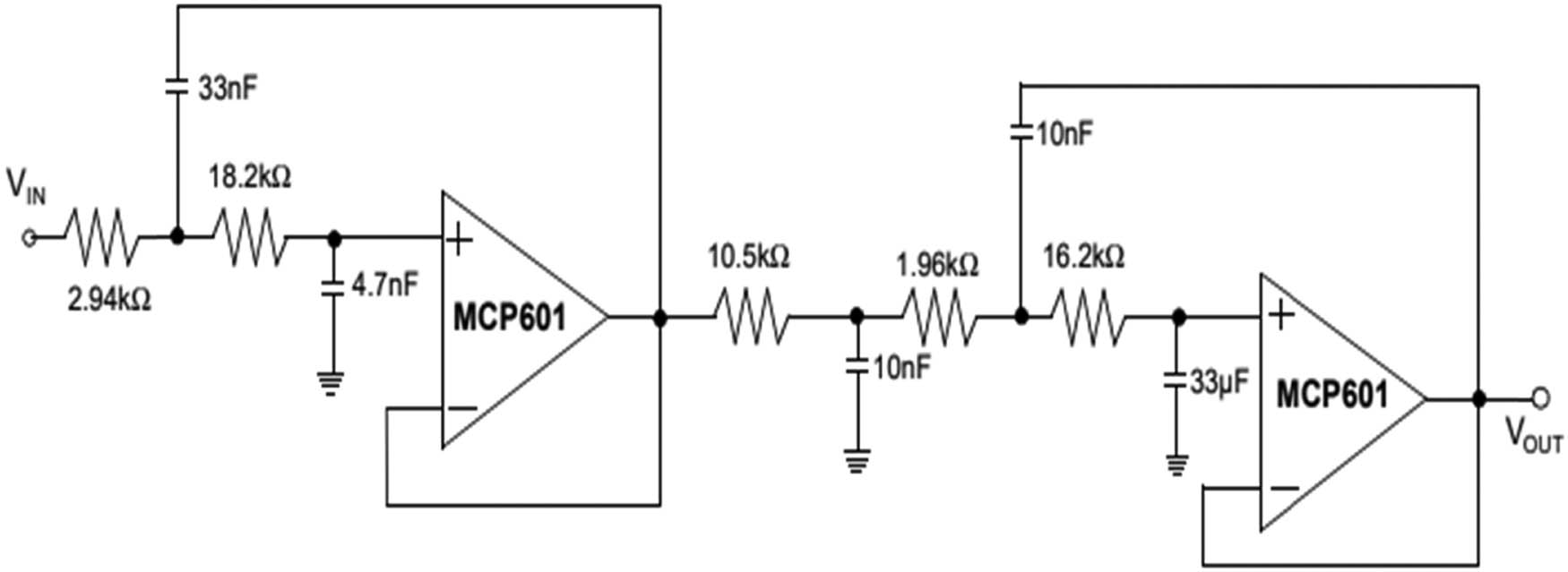 Figure 3 
                  Fifth-order Bessel design implemented with two Sallen–Key filters using the passive filter.
               