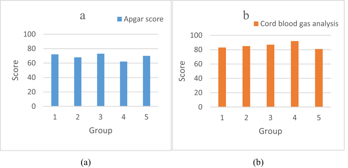 Figure 4 
                  Cord blood gas analysis and Apgar score satisfaction analysis: (a) controlled group and (b) trial group.
               
