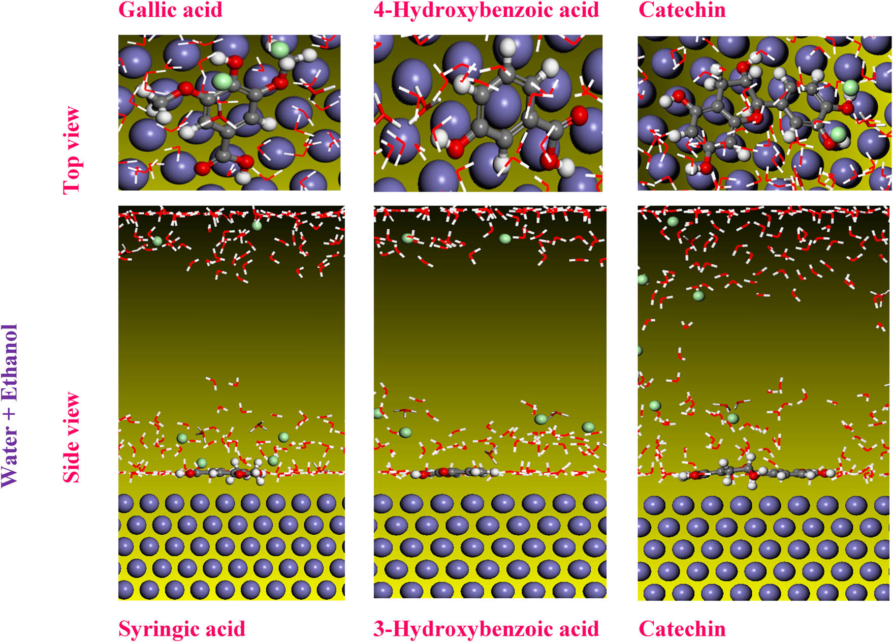 Figure 11 
                     Top and side views of the stable configuration for the studied molecules in the DFT study.
                  