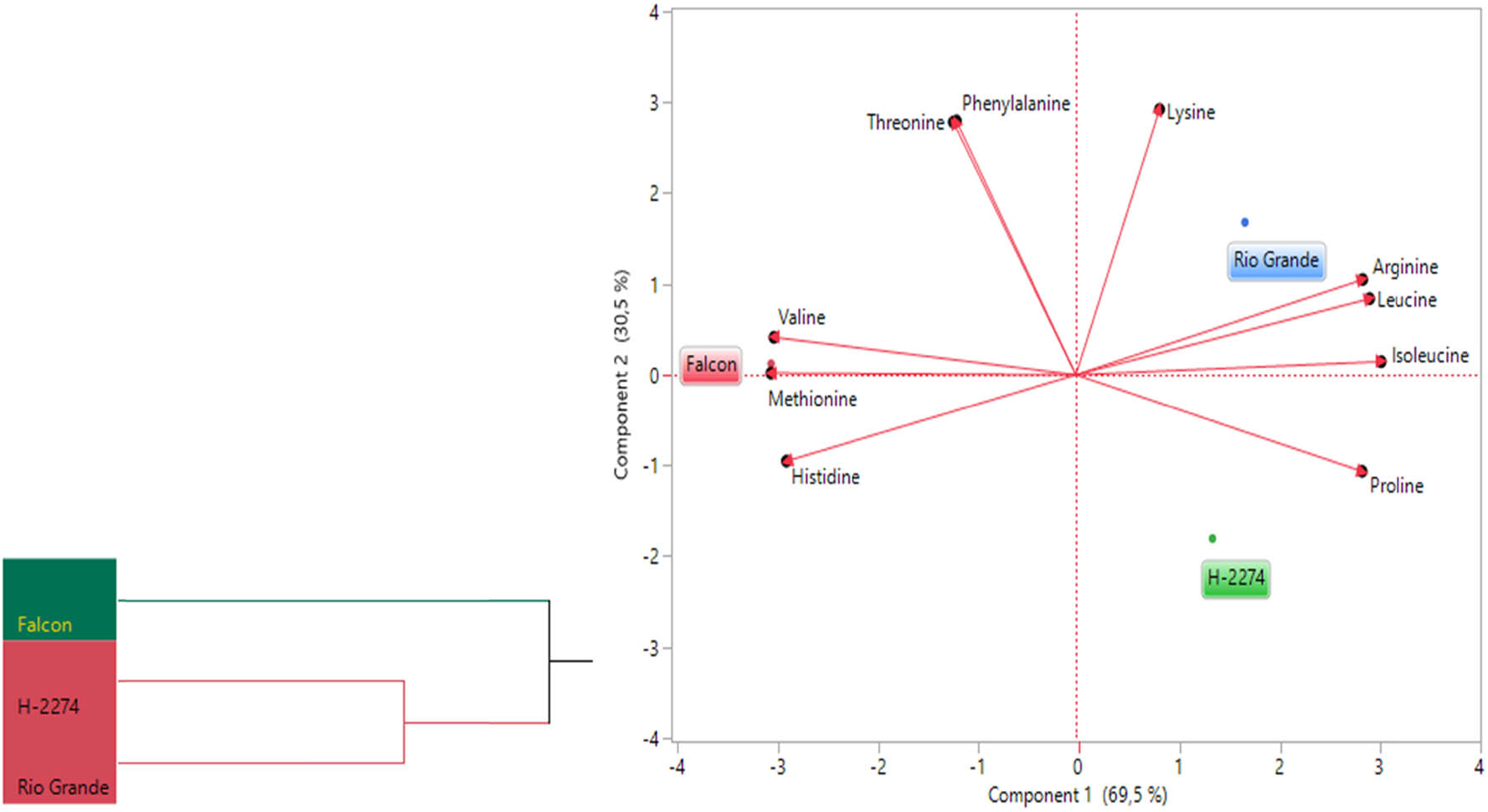 Figure 3
Dendogram obtained by two-way hierarchical clustering analysis (HCA) shows the distribution of tomato varieties according to amino acid content (left). The biplot plot graph obtained by principal component analysis shows the relationships between tomato cultivars and amino acids (right).