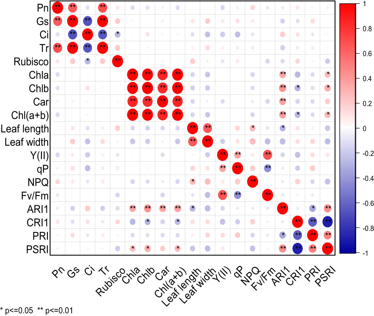 Figure 2
Correlation analysis of photosynthetic characters of cowpea varieties under NaCl stress. ** Indicates significant correlation at 0.01 level, while * indicates significant correlation at 0.05 level. The red balls in the graph represent a positive correlation between two indicators, while the blue balls represent a negative correlation. The deeper color or larger size of the balls represents a stronger correlation.