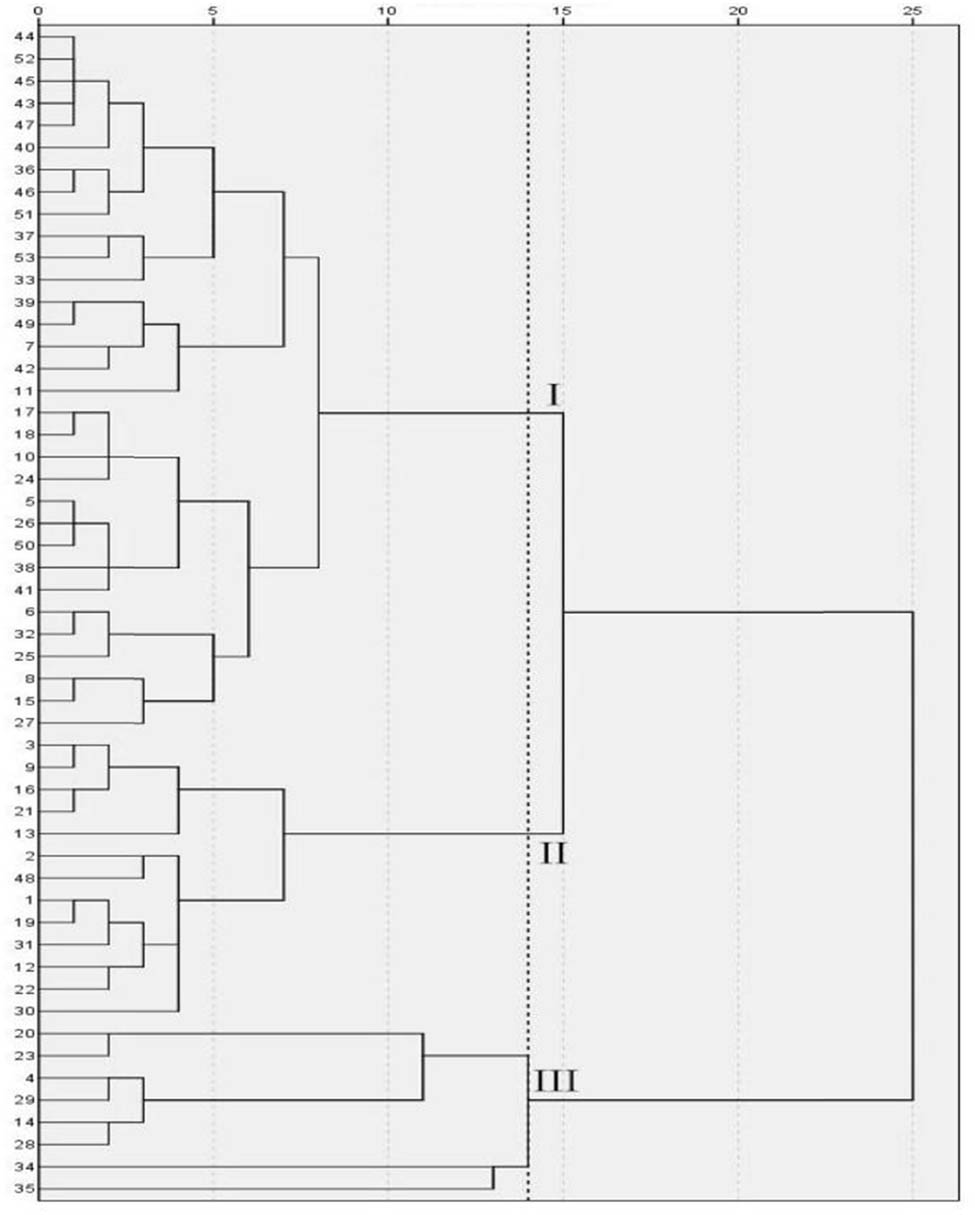 Figure 9
Cluster diagram of cowpea varieties under CK. The vertical axis is the variety number of cowpea, and the horizontal axis is the Euclidean distance. When the genetic distance is 14, the 53 cowpea varieties were clustered into three categories under no treatment.