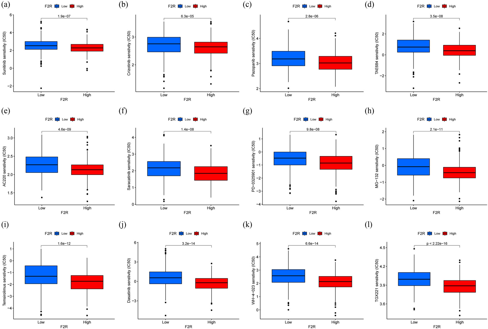 Figure 6
Predicted drug responsiveness in low and high F2R expression groups. (a)–(l) Exemplary drugs displaying heightened sensitivity in high-F2R expression groups, encompassing sunitinib, crizotinib, pazopanib, TAE684, AC220, saracatinib, PD-0325901, MG-132, temsirolimus, dasatinib, WH-4-023, and TGX221.
