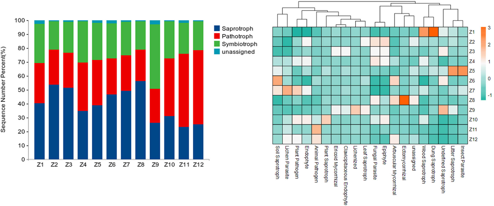 Figure 6 
                  Proportions of trophic modes and heat map of relative abundance of fungal functional groups.
               