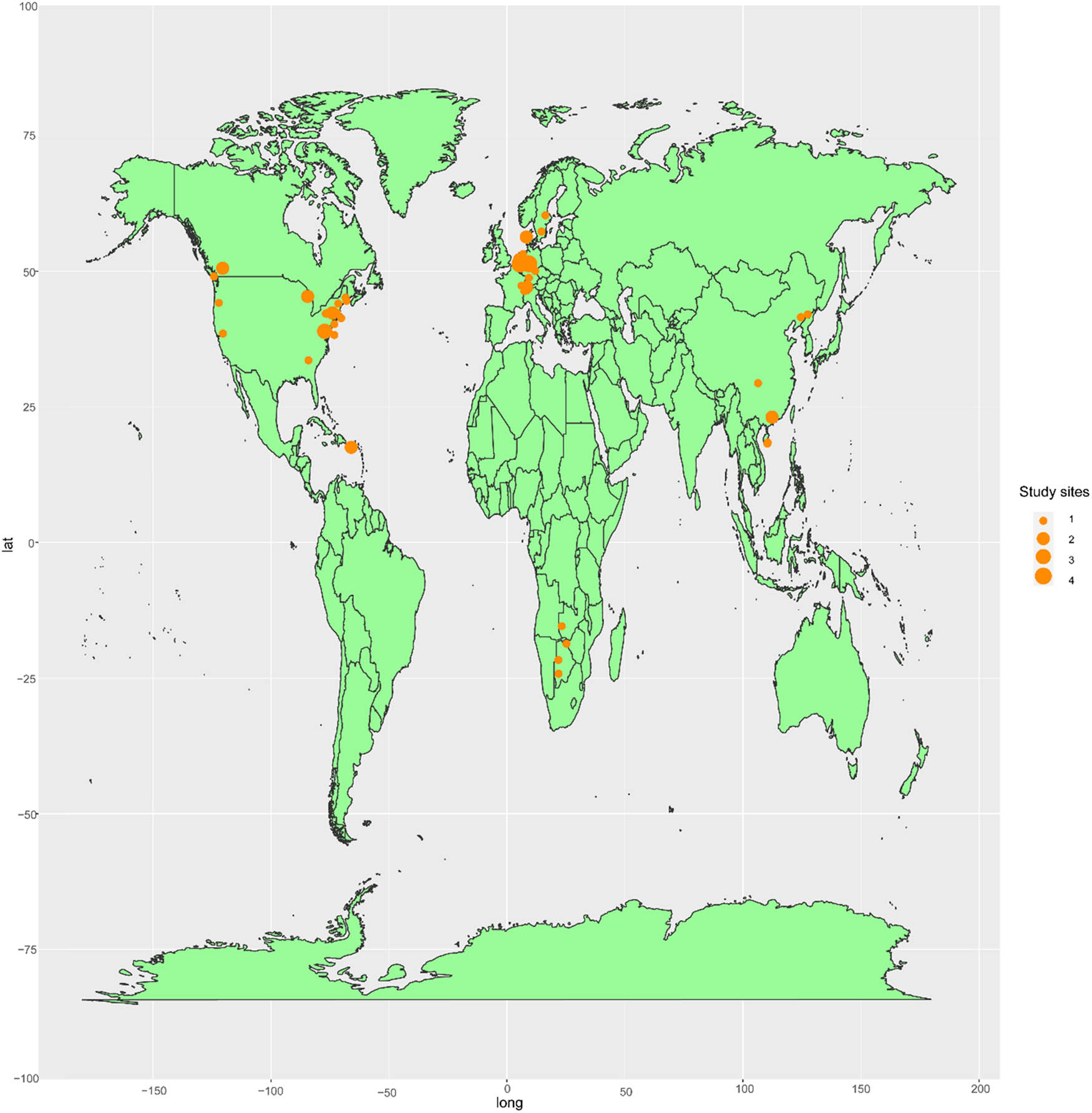 Figure 1 
                  Global distribution of study sites included in this work.
               