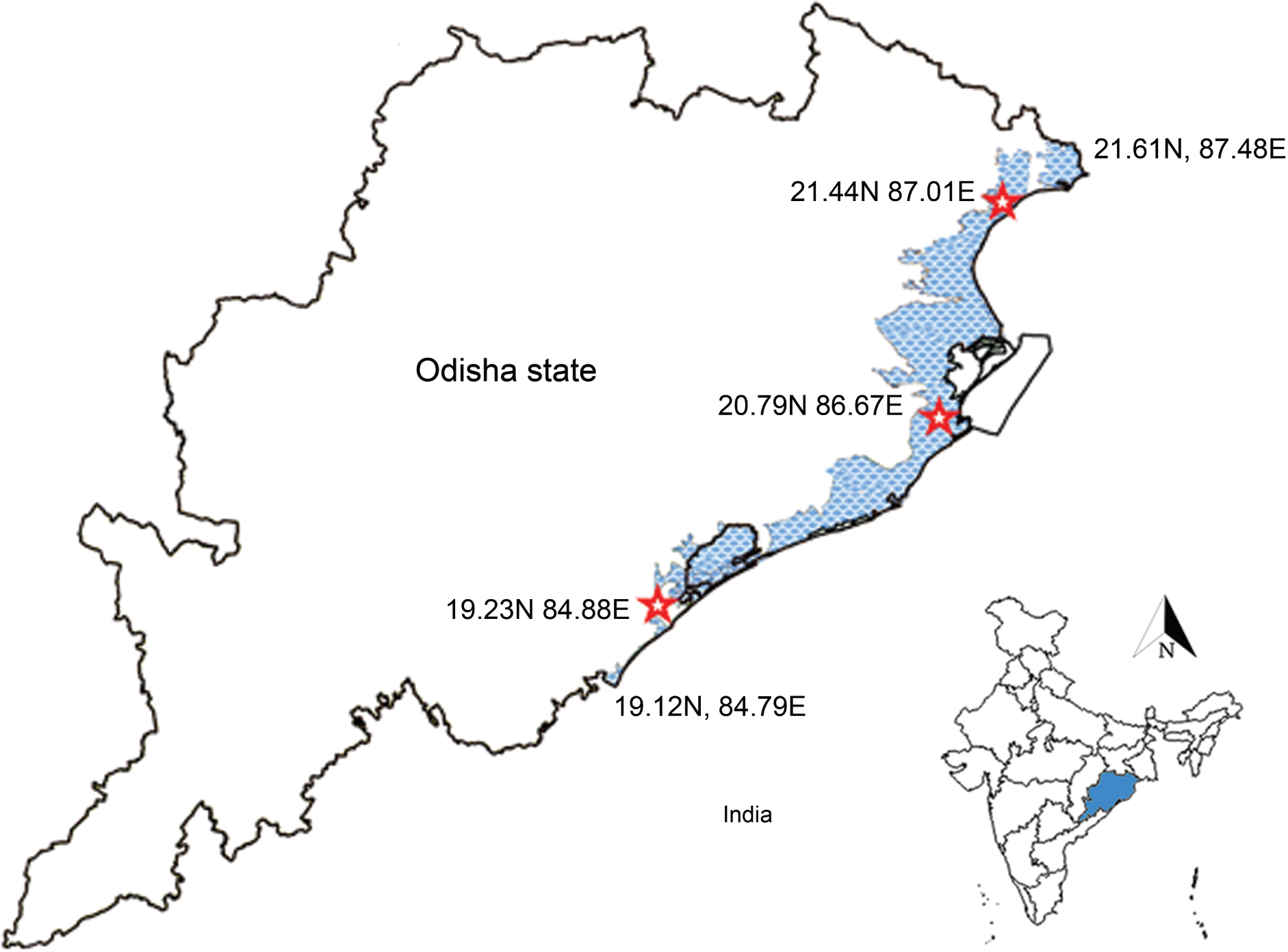 Figure 1 Map showing the coastal region of Odisha state by Blue dots and collection localities by Red star marks. The geographic coordinates of the coastal region and the sampling sites are superimposed on the map. The map of India is added on inset with marking of the Odisha state by blue color.