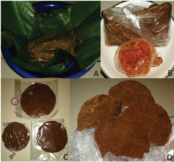 Figure 2 Representative images of Thai Thua Nao fermented soybean (FSB) products. (A - B) Fresh Thua Nao products. (C - D) Dried Thua Nao products.