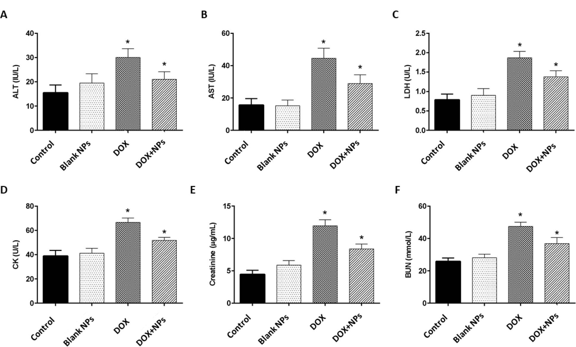 Figure 6 Serum levels of biochemical parameters in rats after treatment with free DOX, DOX-nanocarrier (DOX + NPs), and free nanocarrier (Blank NPs). A. Alanine aminotransferase (ALT), B. Aspartate aminotransferase (AST), C. Lactate dehydrogenase (LDH), D. Creatine kinase (CK), E. Creatinine and F. Blood urea nitrogen (BUN) in experimental groups. The values are represented as mean ± SD (n = 6 animals in each group). * P < 0.05, when compared to controls.